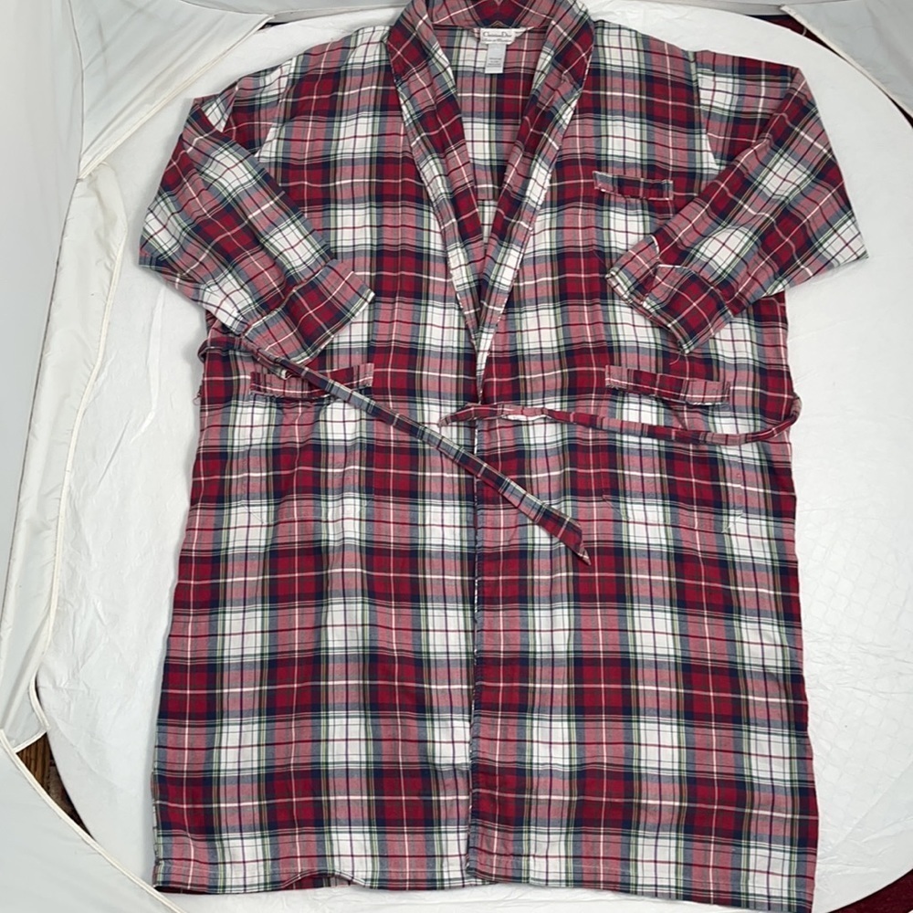 Christian Dior vintage red multicolor plaid brushed cotton bathrobe L/XL